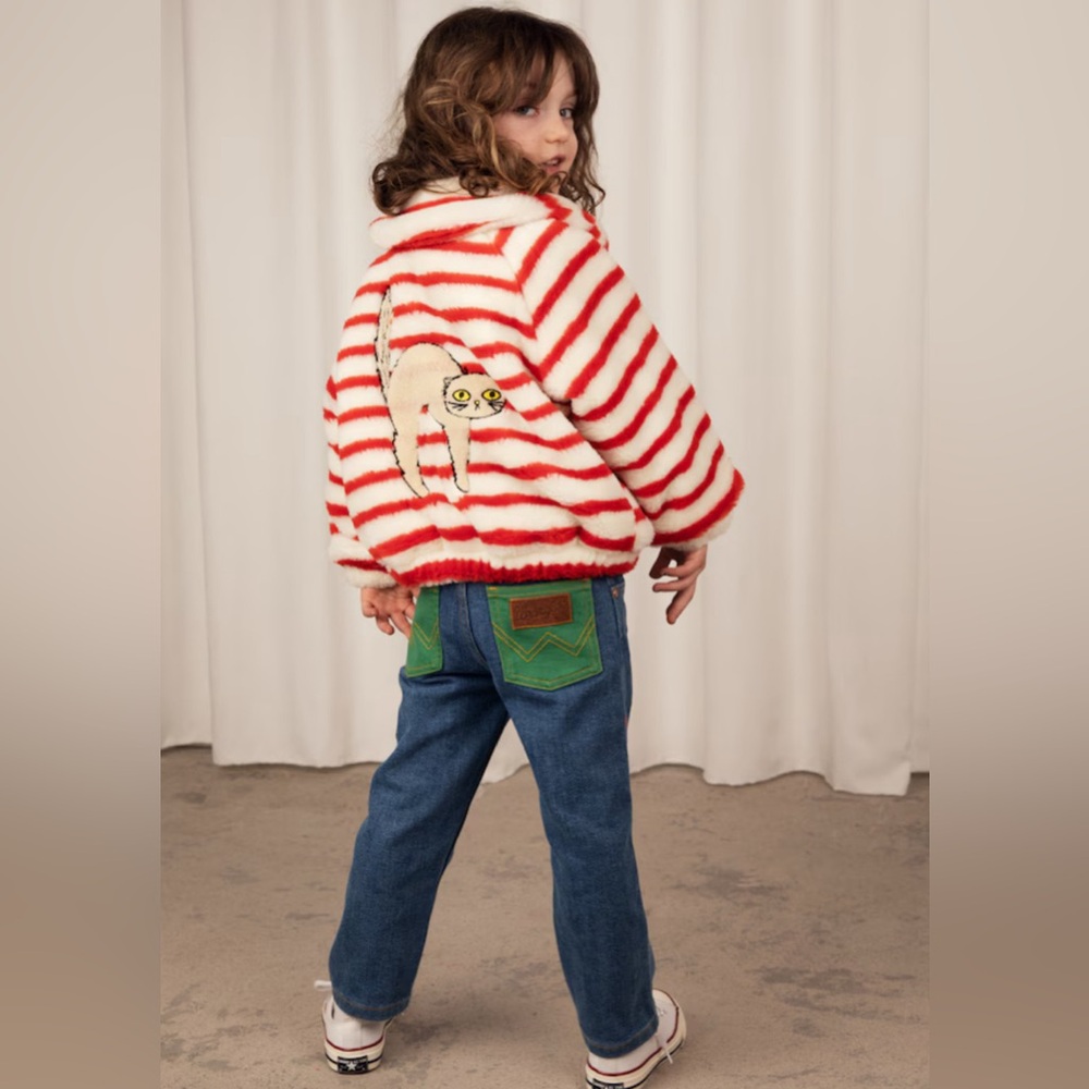 Mini Rodini x Wrangler Straight Jeans Medium Wash Green Patch Pockets Kids 7-9